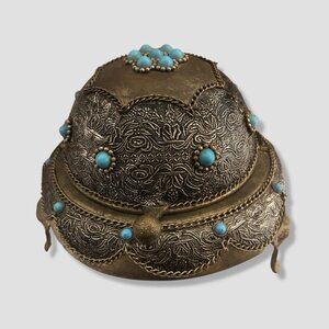 Antique Jewelry Box Silver Turquoise Domed Collectible